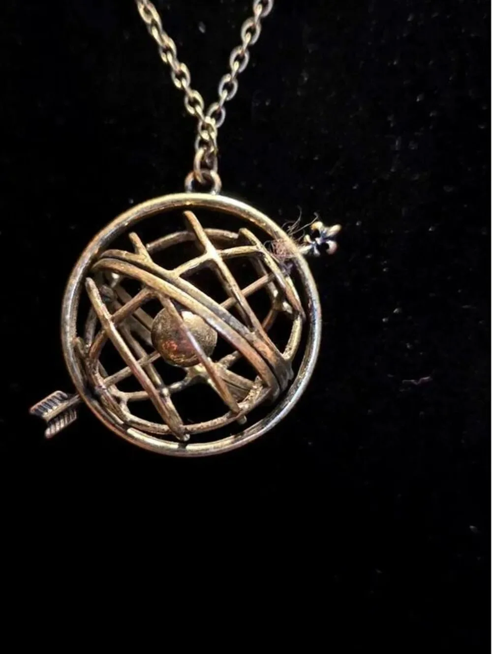 Vintage Brass Armillary Sphere Astronomical Globe Pendant Necklace with Arrow